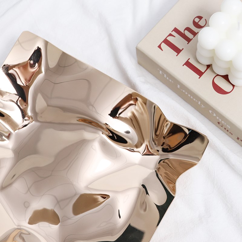 轻奢北欧风玄关钥匙收纳盘创意家用不锈钢水果盘客厅茶几零食盘子