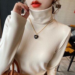 棕色加绒加厚德绒高领打底衫女内搭高级感2024秋冬新款堆堆领上衣