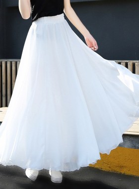 新款超大摆雪纺a字裙 白色半身裙百搭显瘦高腰女春秋沙滩舞蹈长裙