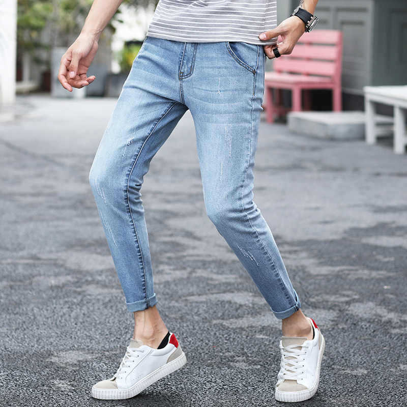 夏季潮男小码男裤26号27码修身牛仔裤矮个子浅色弹力九分休闲裤薄