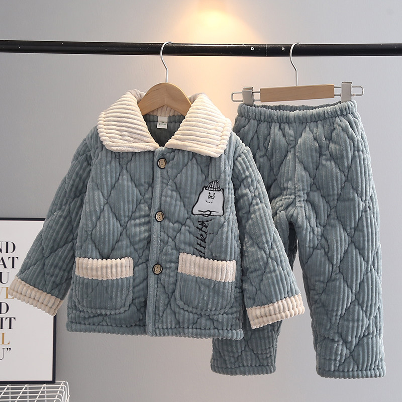 儿童条纹法兰绒三层加厚夹棉睡衣套装男女童中大童时尚保暖家居服