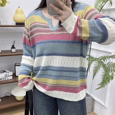 大码女装撞色条纹长袖打底衫秋冬季胖MM遮肚子显瘦内搭毛衣针织衫