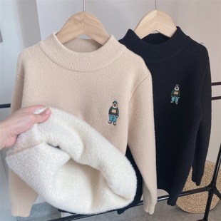 儿童一体绒毛衣秋冬款男童打底衫加绒加厚女孩针织衫2023中童新品