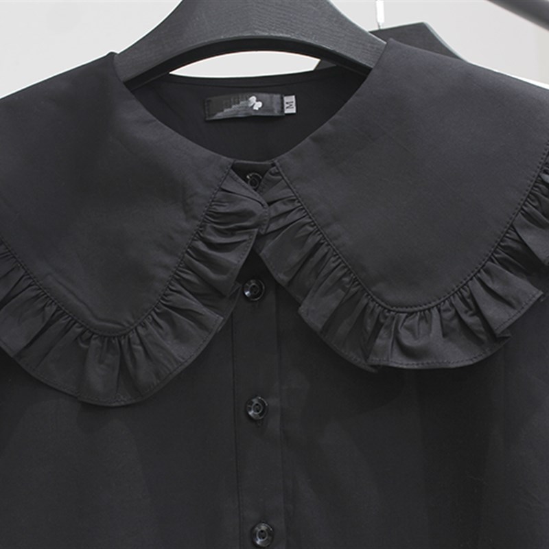 春秋季新款黑色白色娃娃领女衬衫木耳边大领子开襟气质衬衫有大码