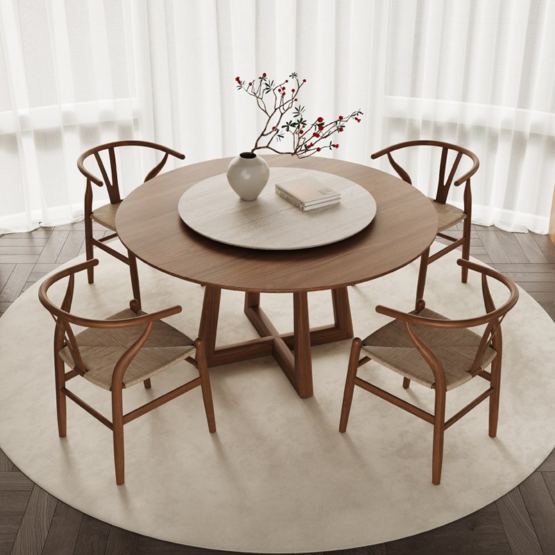 黑胡桃木桌子带转盘圆餐桌椅组合侘寂风实木圆桌家用一桌四椅圆形