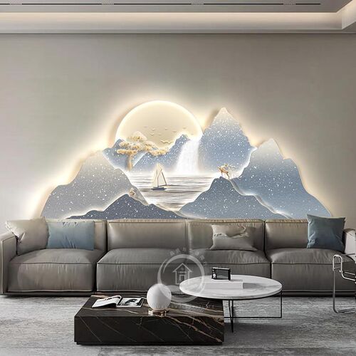 背靠金山客厅装饰画高级感沙发背景墙大气挂画立体轻奢山水壁画灯
