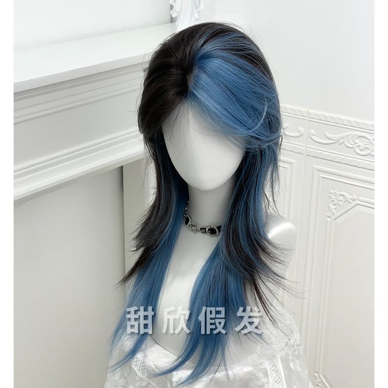 甜欣假发女新款长发蓝黑挑染日常网红氛围感修脸新款全头套式假发