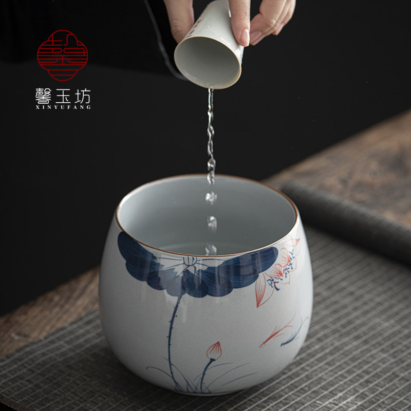 荷花手绘茶洗杯洗茶渣缸陶瓷洗茶盆桌面茶水桶倒茶叶渣茶钵建水盂