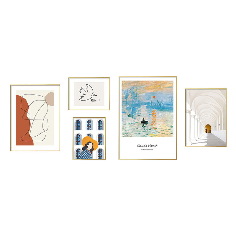 北欧风格沙发背景墙挂画莫奈壁画抽象创意线条客厅组合装饰画