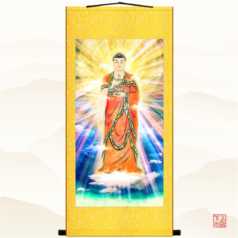 阿弥陀佛接引佛挂图 佛堂菩萨人物画 复古绢布卷轴挂画丝绸画定制