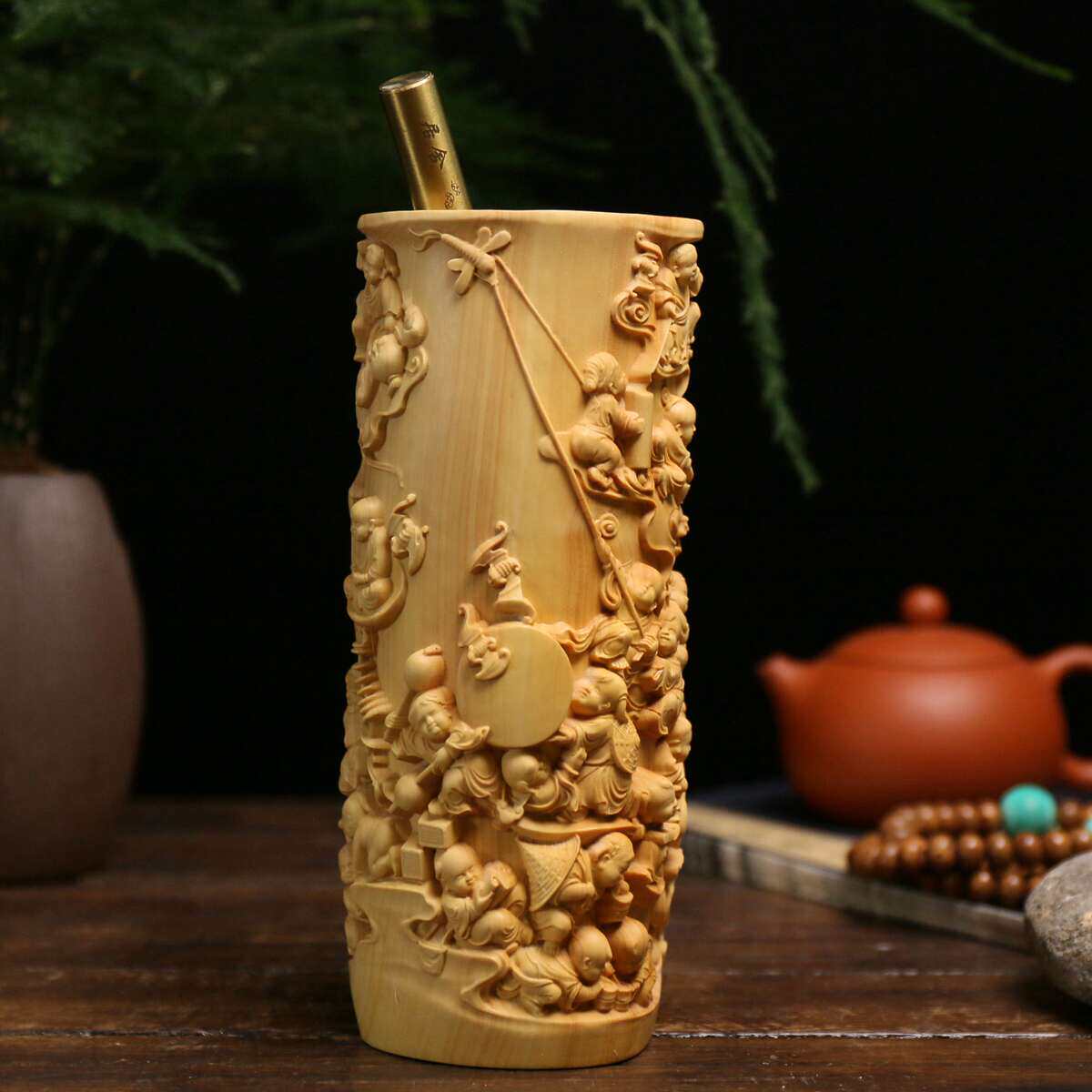 小叶黄杨木雕实木雕刻木质文房工艺笔筒百子摆件文化礼品收藏人物