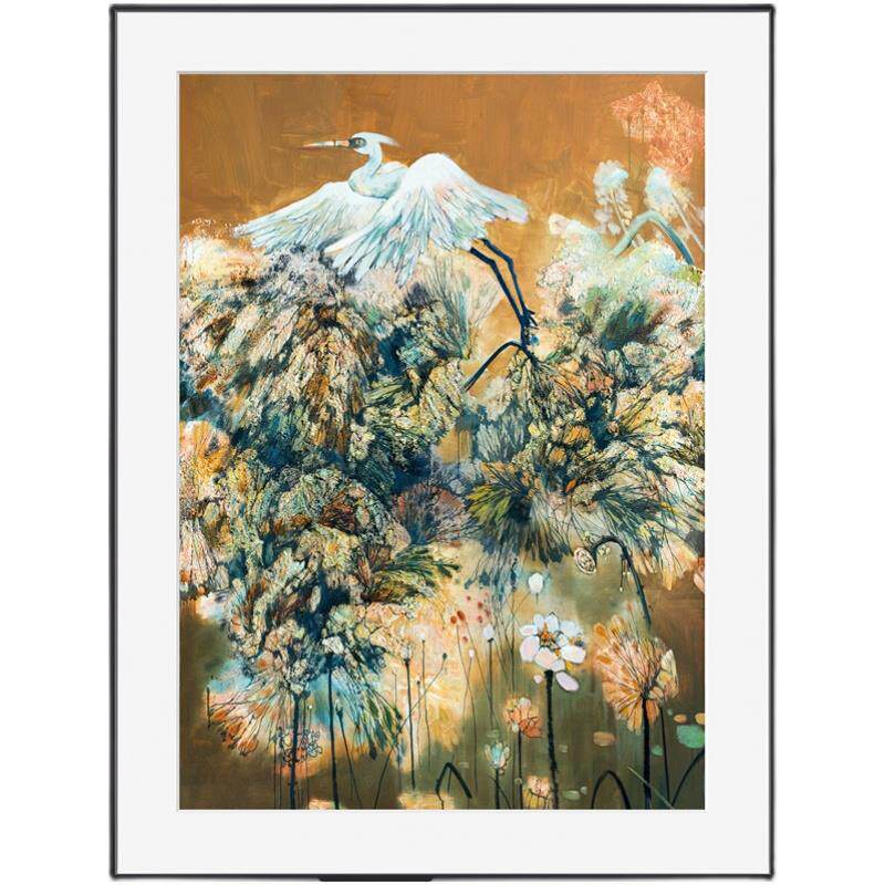 风色飞鹭新中式轻奢版画玄关餐厅实木画框书房竖版油画装饰画挂画