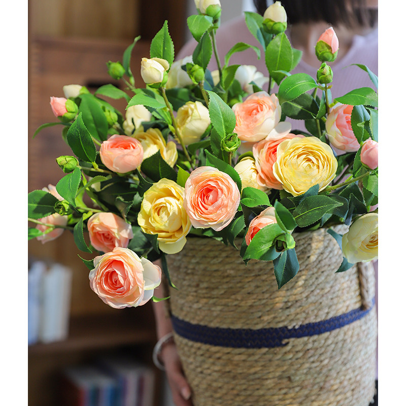 法式山茶高端仿真花绢花香水月季客厅干花假花摄影道具装饰摆件