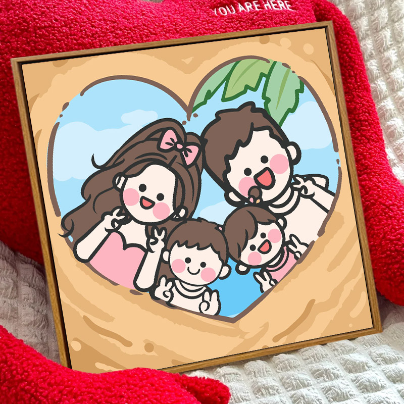 卡通全家福diy数字油画手工填充填色涂鸦一家人三口定制油彩挂画