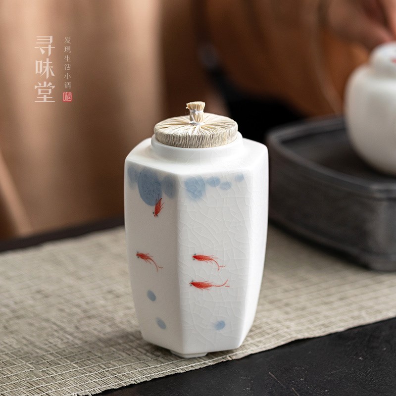 白玉汝窑手绘茶叶罐高档密封罐储茶罐家用中式开片陶瓷功夫茶具
