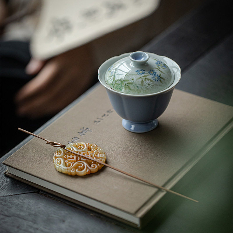 暮山紫色手绘菊花高足盖碗壶承陶瓷仿宋泡茶碗茶点盘两才人文茶具