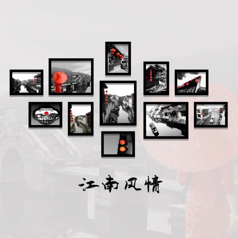 江南水乡装饰画火锅店饭店饭馆中餐馆挂画徽州老建筑黑白照片墙