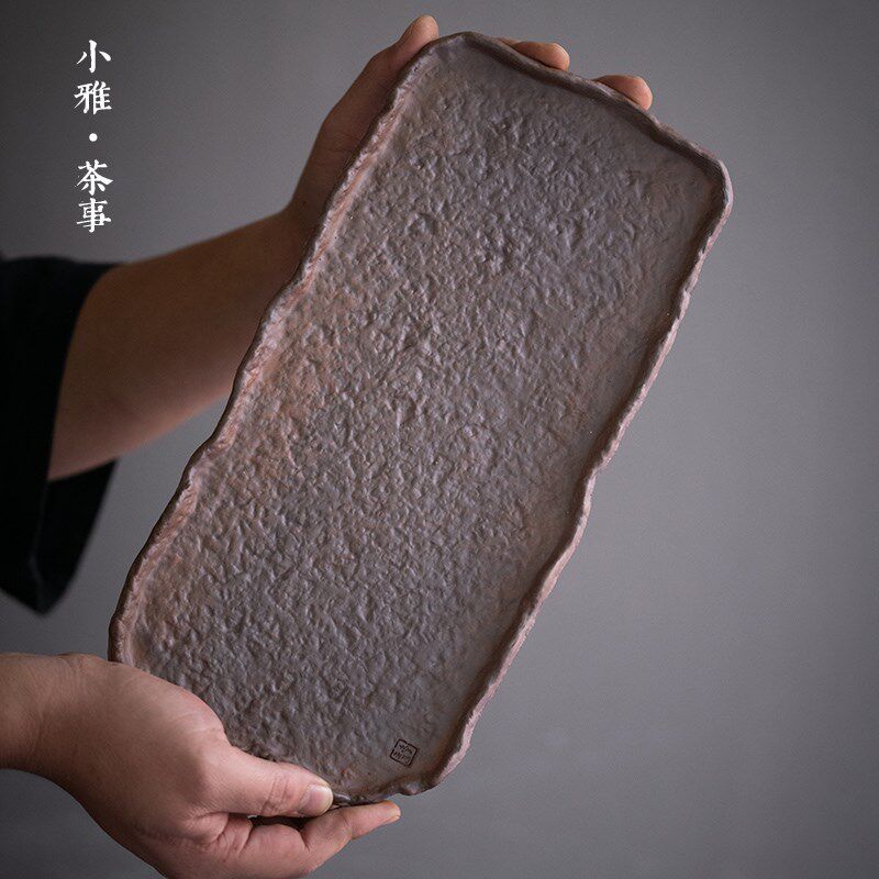 粗陶老岩泥长方盘 陶瓷干泡茶盘复古手工陶艺茶台单层托盘茶盘