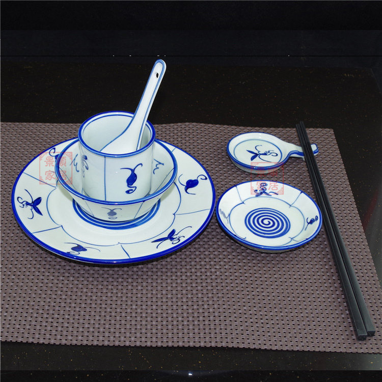 新款中式青花瓷餐具套装组合复古风家用碗碟特色陶瓷餐具高脚碗