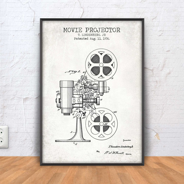 [饰画经典]装饰有框挂画墙壁。酒吧咖啡馆复古黑板海报电影放映机