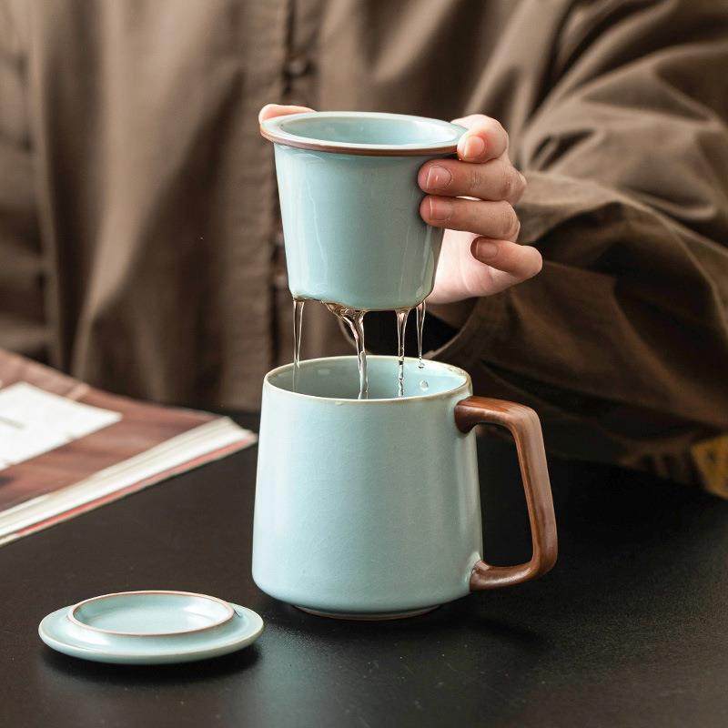 天青汝窑逸韵办公杯茶杯茶水分离陶瓷马克杯带盖泡茶过滤防烫杯子
