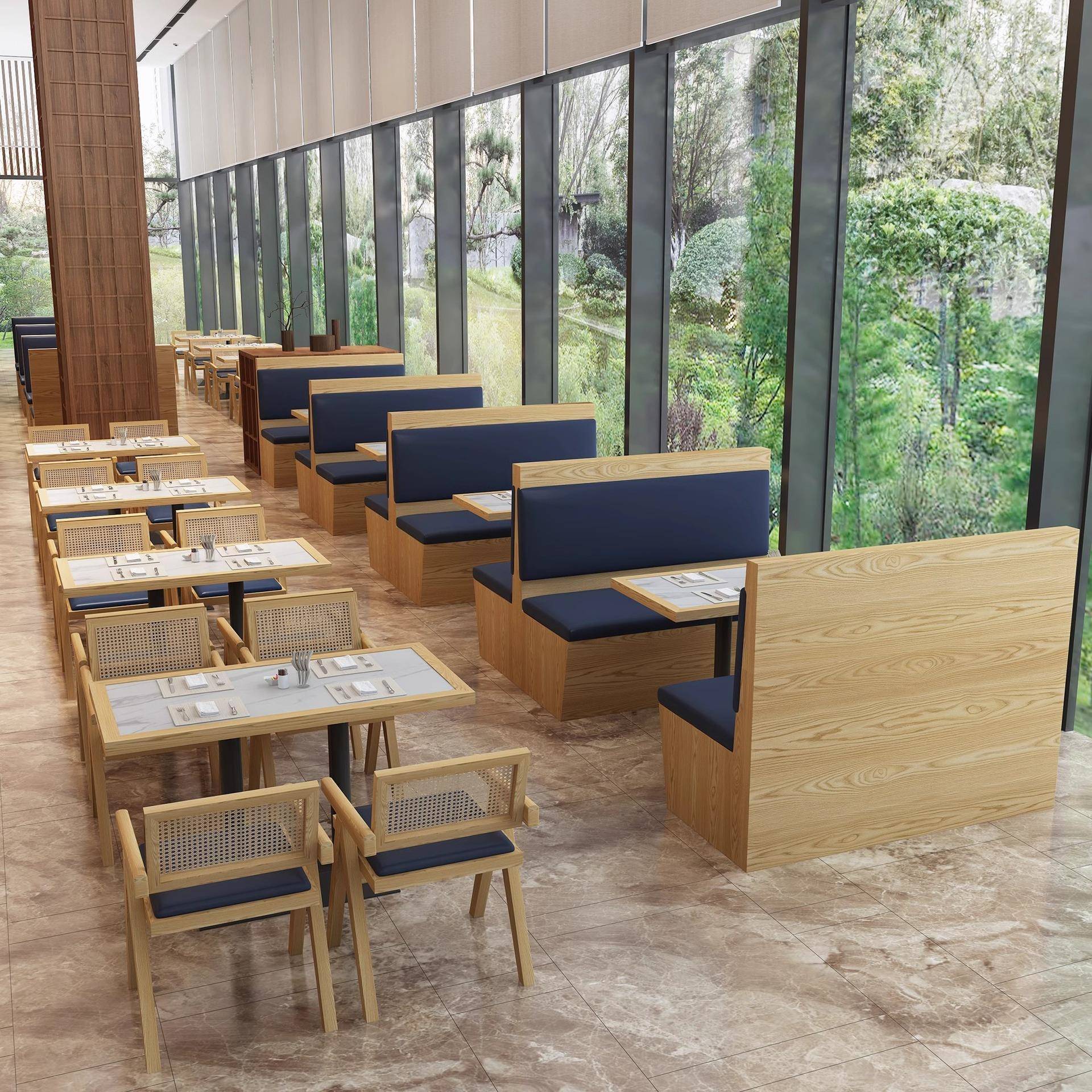 靠墙卡座沙发桌椅组合咖啡厅面馆西餐厅清吧连锁餐饮饭店实木桌椅