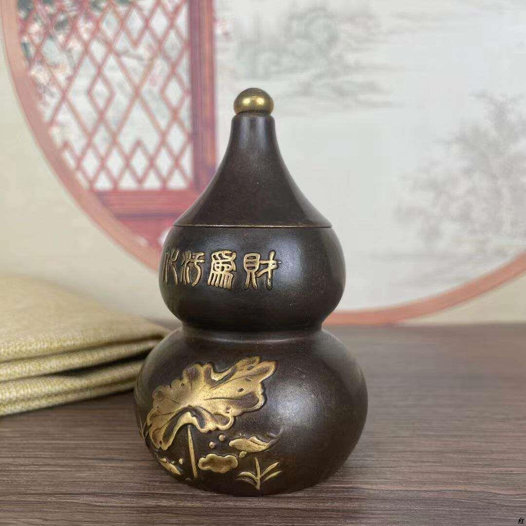 古铜浮雕避水兽葫芦鎏金火龙风水摆饰化解厨房西北角避火龙瓶摆件