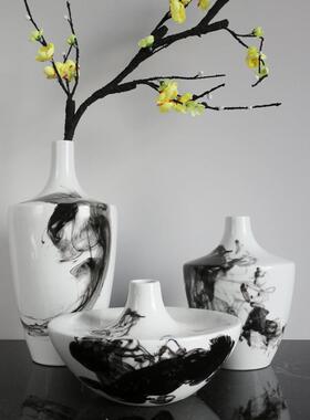 新中式陶瓷摆装花瓶件CLK套装水墨格客厅插花白色后风现代创意软
