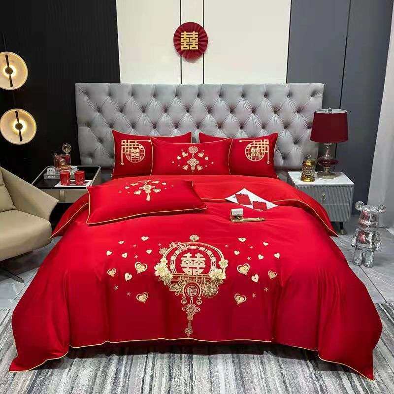 婚庆四件套六件套新婚床上用品60支婚被婚礼结婚喜庆婚被床笠款
