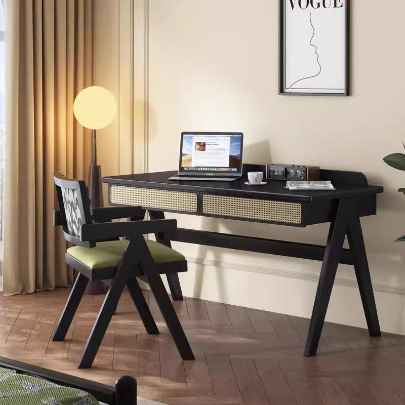 复古风简约实木书桌书房办公家用梳妆台黑色轻奢藤编学习电脑桌