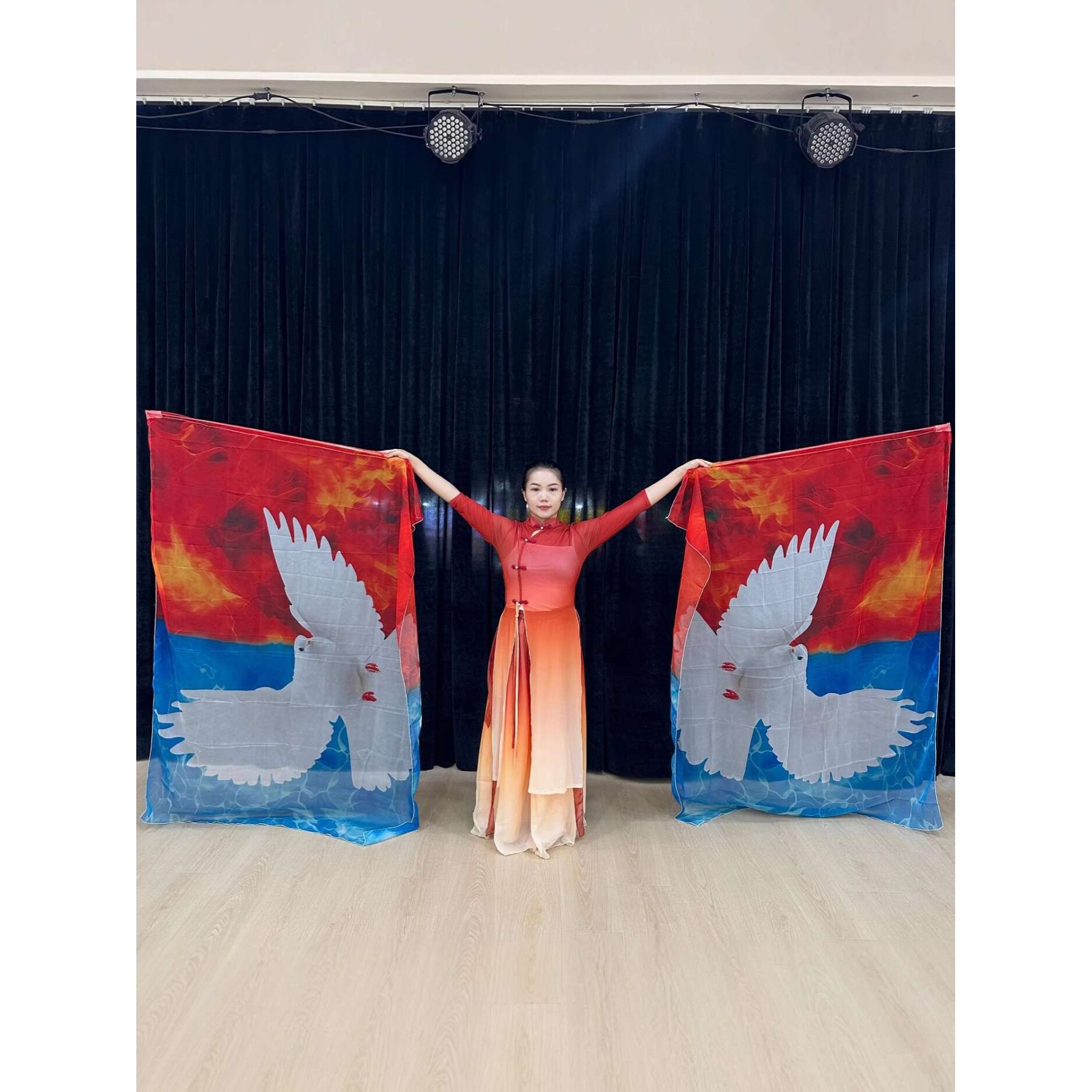 新款雪纺旗舞蹈道具赞美旗创意和平白鸽纱巾表演服装背饰