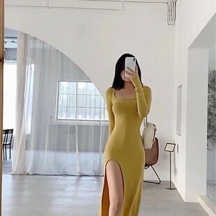 2020春秋洋气开叉长袖 棉长裙包臀过膝裙 连衣裙网红小姐姐修身