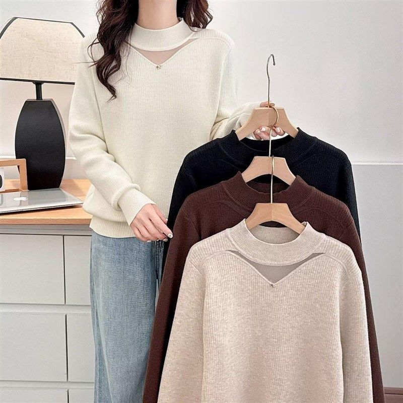 冬装新款半高领加绒加厚针织衫女士大码宽松显瘦镂空毛衣打底上衣