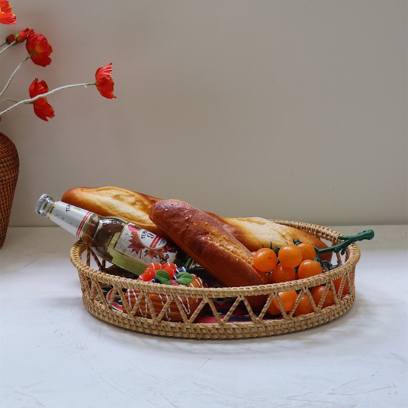 2021新款印花手工藤编水果篮子提耳托盘复古美式U中式桌面收纳篮