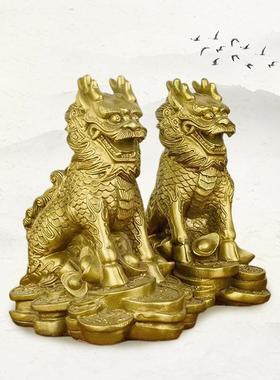hbql100-纯黄铜客护宝麒麟摆一件对小号铜麒麟开业家居厅店铺公办