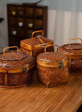TPM桐油漆大做旧收纳复古竹编茶收纳子竹编篮子竹筐篮具茶具盒竹