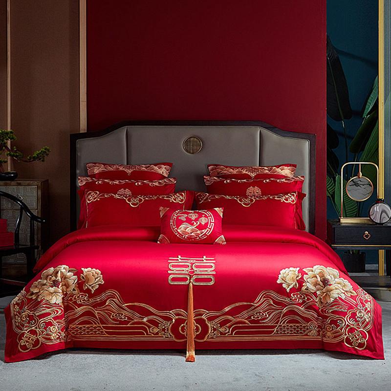 婚庆四件套全棉刺绣结婚纯棉大红色结婚房礼绣花床品喜被床上用品