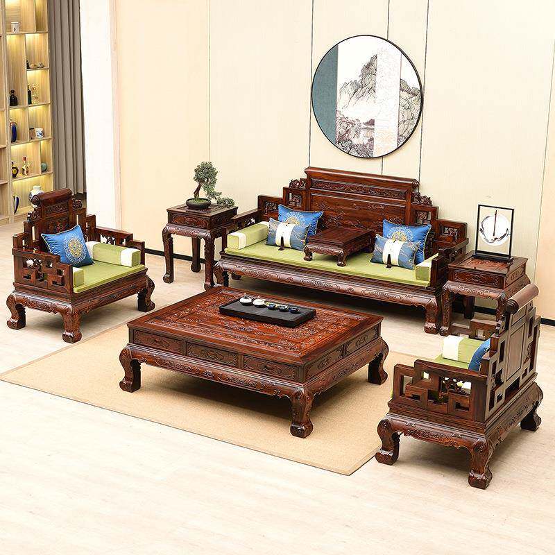 国标家具尼客厅全套印组实黑酸枝沙发中式全木985卷书宝座合