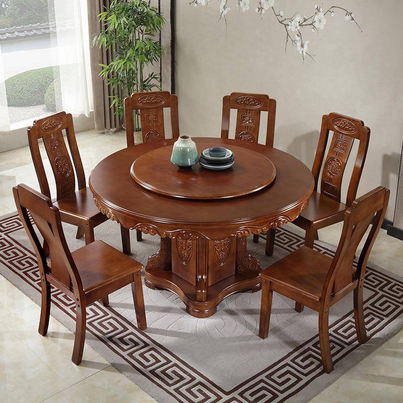 实木桌椅16582式组合中圆形家8人餐饭桌带转盘现代1.8米橡木用大