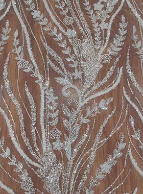 白色RL227钉珠珠亮片蕾丝布料软婚纱网纱女花边礼服DIY现货服装珍