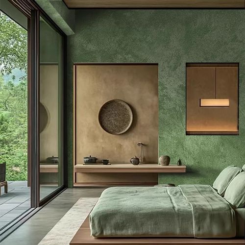 复古壁纸中古风高级感芥末绿色艺术漆墙布客厅卧室民宿房间墙纸