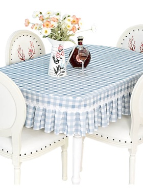 简约蓝色小格子餐桌罩长方形麻将电视柜盖布正方形老式方桌台布