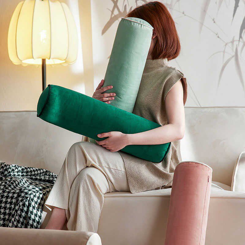 中式素色丝绒糖果枕颈椎枕圆柱抱枕沙发靠垫侧睡长条枕睡觉可拆洗