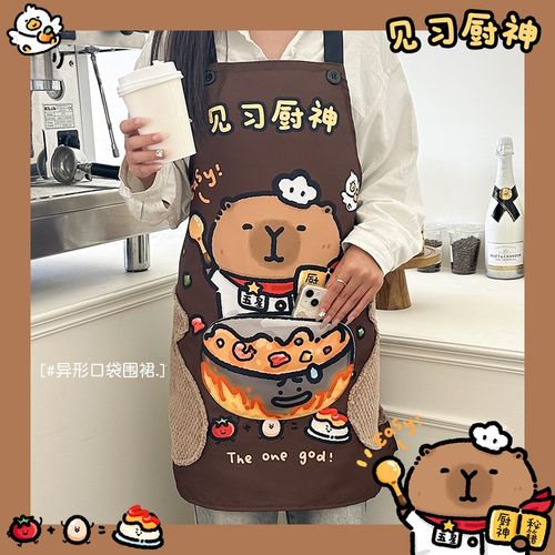 围裙防溅油溅水可爱卡通创意大口袋卡皮巴拉可擦手绑带式见习厨神