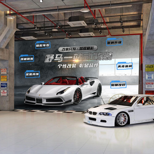 3D个性汽车破墙壁纸名车美容 改装4S店维修背景墙工业风网咖壁画