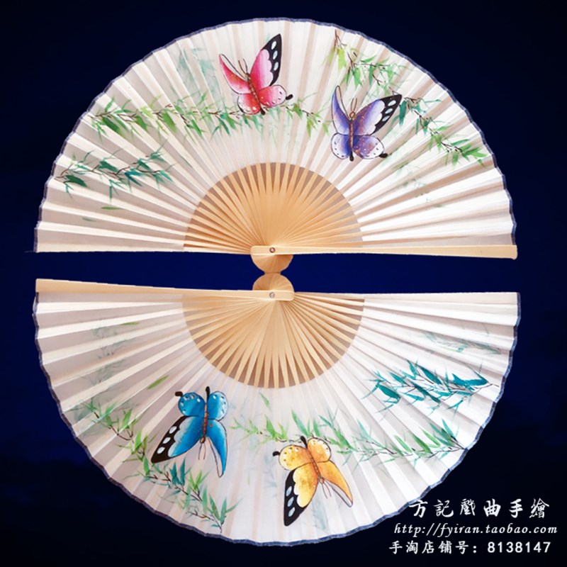方记扇 手绘真丝绸扇演出扇180度戏曲越剧真丝绸梁祝扇蝴蝶