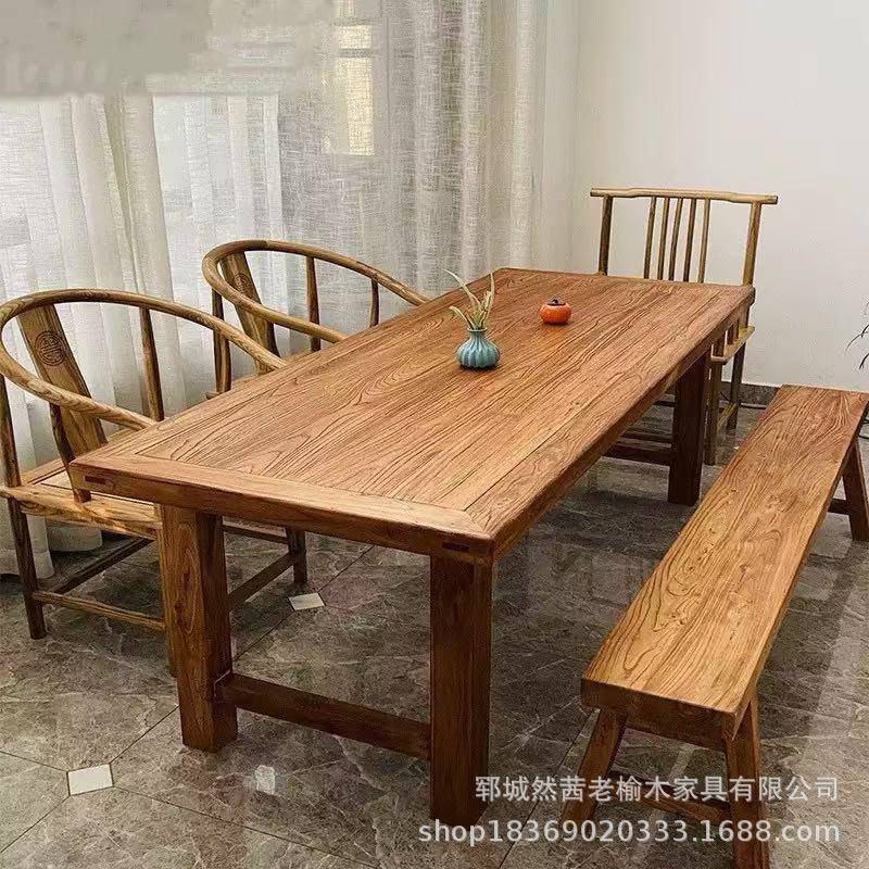 老榆木茶桌自然纹理实台木整加张桌面板厚电脑公CQF桌待客茶办餐