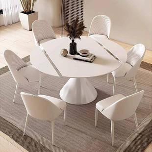 809轻奢饭亮光岩板餐桌组合现代约简意式 吃圆桌子椅家用小户型带