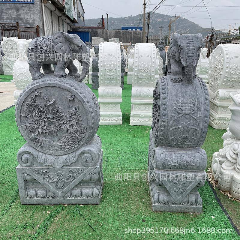厂家石雕汉玉门门墩鼓石小象口摆137件白中式抱庭院别墅门当狮子
