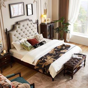 法式 木轻软靠大床中古风高端YXA婚 浪复古漫实床1米8主卧大床美式